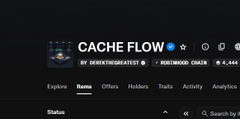 Screenshot of a homepage for 'CACHE FLOW' by 0xKentTheGreat with Homewood Chain and 4,444 holders, showing navigation tabs for Explore, Home, Offers, Holders, Traits, Activity, and Analytics.