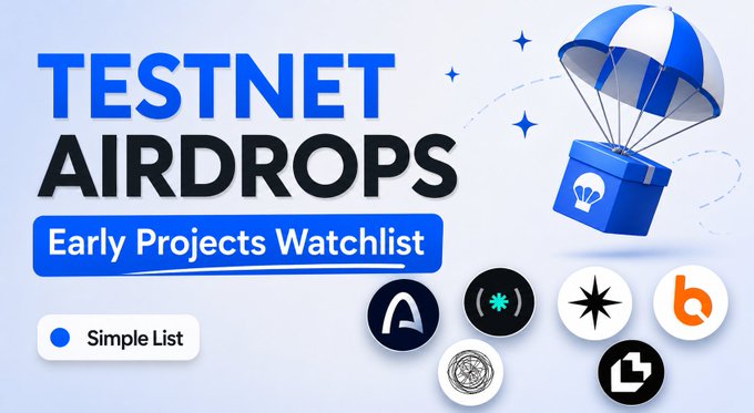 The image features a banner with blue and white text that says "Testnet Airdrops Early Projects Watchlist" along with several logos, including one for a website called "x.com/hi_vecna/statu". The background of the image is white, which contrasts nicely with the blue and white elements on the banner.