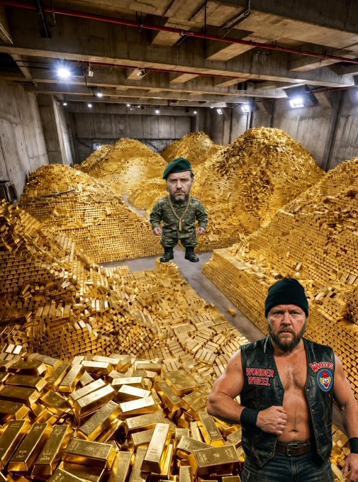 A meme image showing two photoshopped figures of Richard Heart in military gear (one in a green beret, one in a 'Winner' vest) superimposed over a warehouse floor covered in massive piles of gold bars.