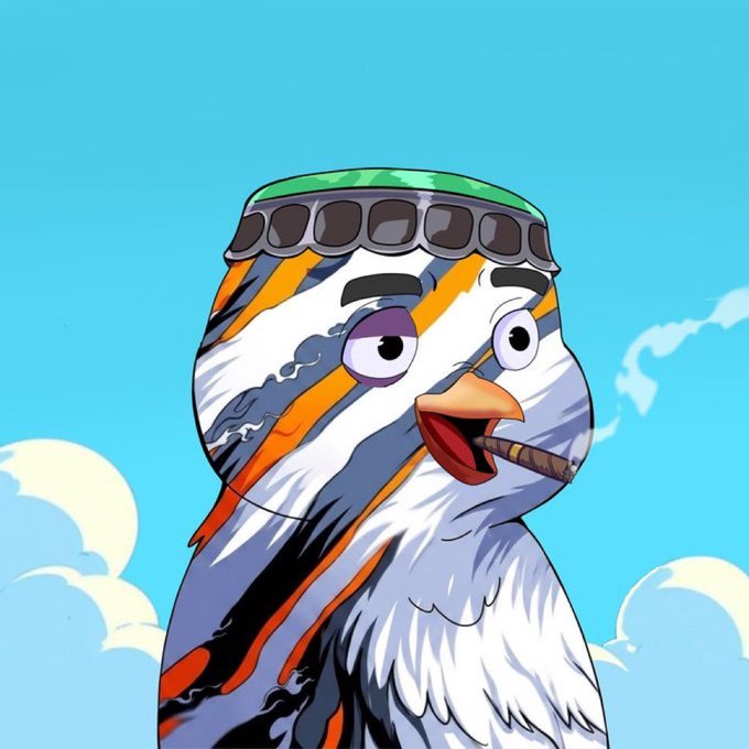 A digital illustration of an anthropomorphic bird-like character with striped fur, wearing a green and brown headband and smoking a cigar against a blue sky.