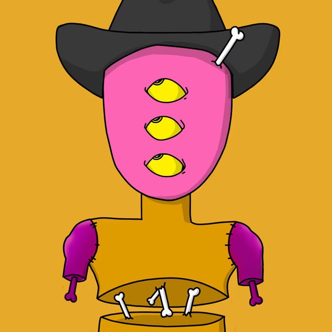 A colorful digital illustration of a pink-faced, three-eyed character wearing a black cowboy hat adorned with a bone, and featuring stitched limbs and a bone-decorated belt, set against an orange background—evoking the quirky, edgy aesthetic of a TwistedTweakNFT collectible.