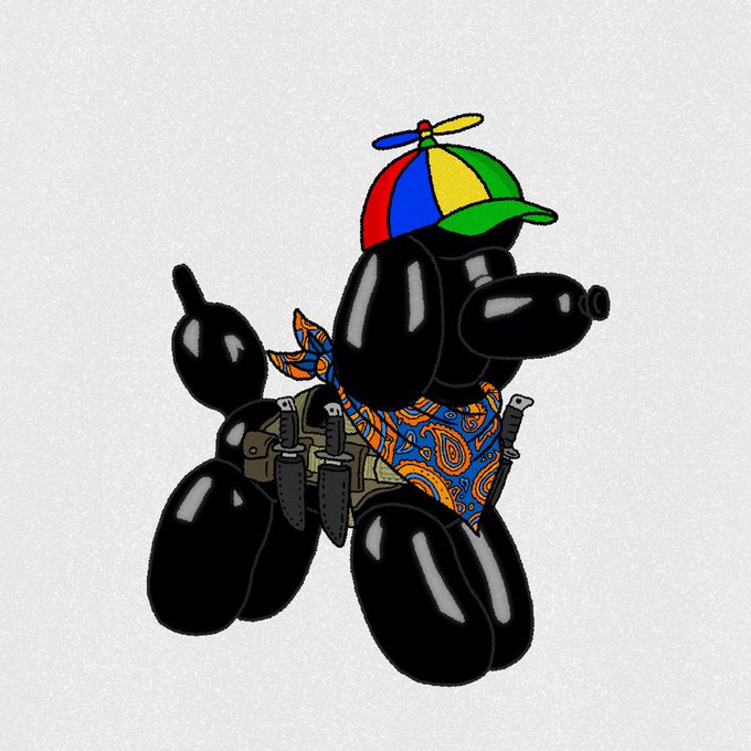 An illustration of a black inflatable balloon-dog style figure wearing a propeller beanie, paisley bandana, and tactical knife sheath.