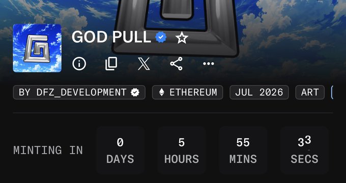 A countdown page for the "GOD PULL" NFT mint on Ethereum, created by DFZ_DEVELOPMENT, with 0 days, 5 hours, 55 minutes, and 33 seconds remaining until minting begins. The image displays the project details matching the post's information about the upcoming mint by @TheGodPull and @betty_nft.
