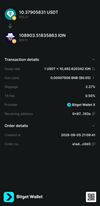 Screenshot of a Bitget Wallet cryptocurrency swap transaction showing the exchange of 10.37905831 USDT to 108903.51835863 ION at a swap rate of 1 USDT = 10,492.620342 ION, with a 2.27% slippage and 0.50% TX fee, created at 2026-09-05 21:09:41.