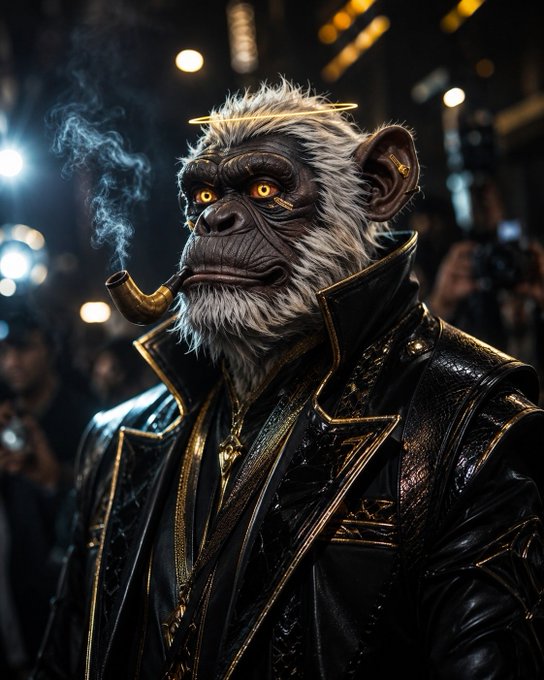 The image features a man dressed as a monkey, wearing a black leather jacket with gold accents and smoking a pipe while standing against a dark background. The caption for this image reads "Big week ahead Cc: @EveDotEth". This suggests that there is an upcoming event or gathering related to the monkey character, possibly involving costume parties or themed events.

The man's attire and the fact that he is smoking a pipe give off a sense of sophistication and confidence, which could be associated with the character of the monkey. The image captures the attention of viewers due to its unique and creative portrayal of the monkey character, making it an interesting and eye-catching piece of art or photography.

The caption also implies that there might be more information about this event or gathering available on social media platforms like Twitter, where users can follow @EveDotEth for updates related to the monkey character or other events involving the character.