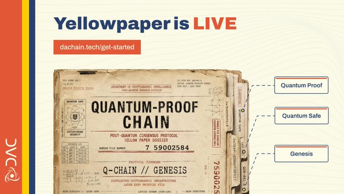 The image features a poster for a website called "dac_chain". The poster displays an old-fashioned yellow paper with text that reads "Yellowpaper is live" and "Quantum Proof Chain". Below this, there are three pieces of information about the website's offerings: it provides innovative infrastructure in RWA (RWA), DeFi (decentralized finance), AI (Artificial Intelligence), and secure data verification. The poster also includes a link to the website for more information on how to access these services.