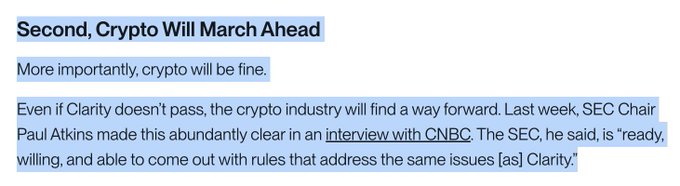 The image is a highlighted excerpt titled "Second, Crypto Will March Ahead," stating that crypto will be fine even if Clarity doesn't pass, citing SEC Chair Paul Atkins's CNBC interview where he said the SEC is "ready, willing, and able" to issue rules addressing the same issues as Clarity. This aligns with Bitwise CIO Matt Hougan's memo, which reassures investors that the crypto industry will move forward regardless of the Clarity Act's outcome.