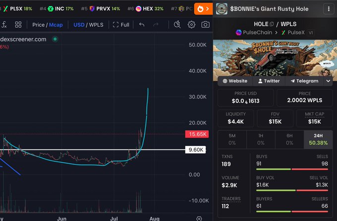 A cryptocurrency trading chart on dexscreener.com for the token "$BONNIE'S Giant Rusty Hole" (HOLE) on the PulseChain network, showing a massive recent price spike highlighted in cyan.