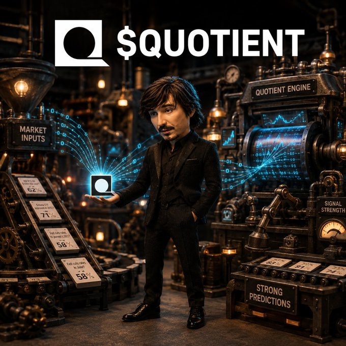 A promotional graphic for '$QUOTIENT' featuring a man in a suit holding a glowing device amid steampunk-style machinery labeled 'MARKET INPUTS', 'QUOTIENT ENGINE', and 'STRONG PREDICTIONS'.