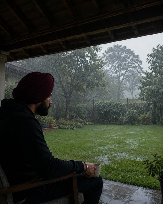A man wearing a maroon turban and dark hoodie sits on a covered porch holding a mug of coffee, gazing out at a rainy garden with green grass and foliage.