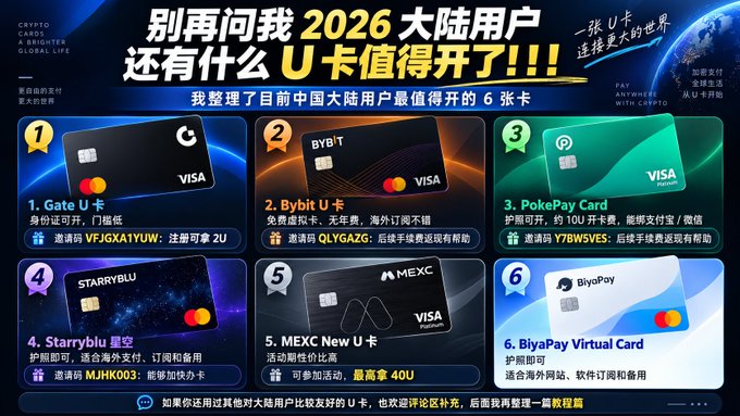 A Chinese-language infographic titled '别再问我2026 大陆用户还有什么U卡值得开了!!!' displays six recommended U-cards for mainland China users, including Gate U, Bybit, PokePay, Starryblu, MEXC, and BiyaPay, each with referral codes.