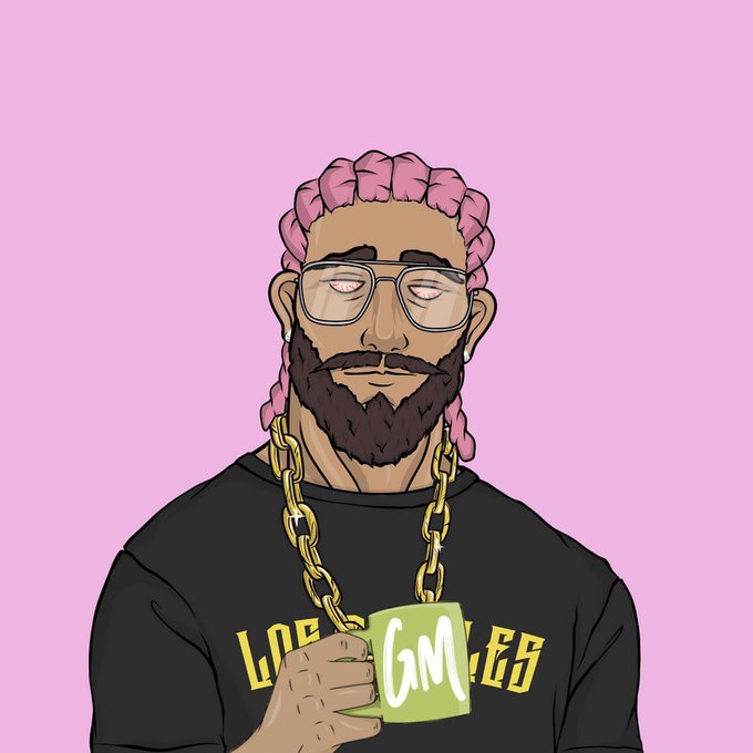 A cartoon illustration of a man with pink dreadlocks, glasses, and a beard, wearing a black shirt and gold chain, holding a green mug that says 'Gm'.