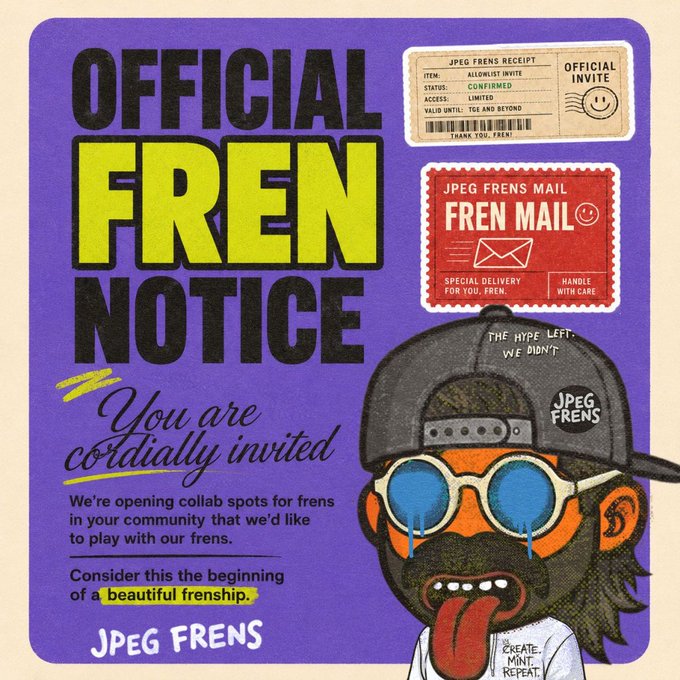 The image is a vibrant purple graphic titled "OFFICIAL FREN NOTICE" featuring a cartoon character wearing a "JPEG FRENS" cap, sunglasses, and a shirt reading "CREATE, MINT, REPEAT," with mail-themed stamps promoting "FREN MAIL" and inviting community members to collaboration spots. It complements the post by visually announcing the "FREN MAIL" raffle event for Skullx holders, directing viewers to explore the Fren characters at jpegfrens.com.