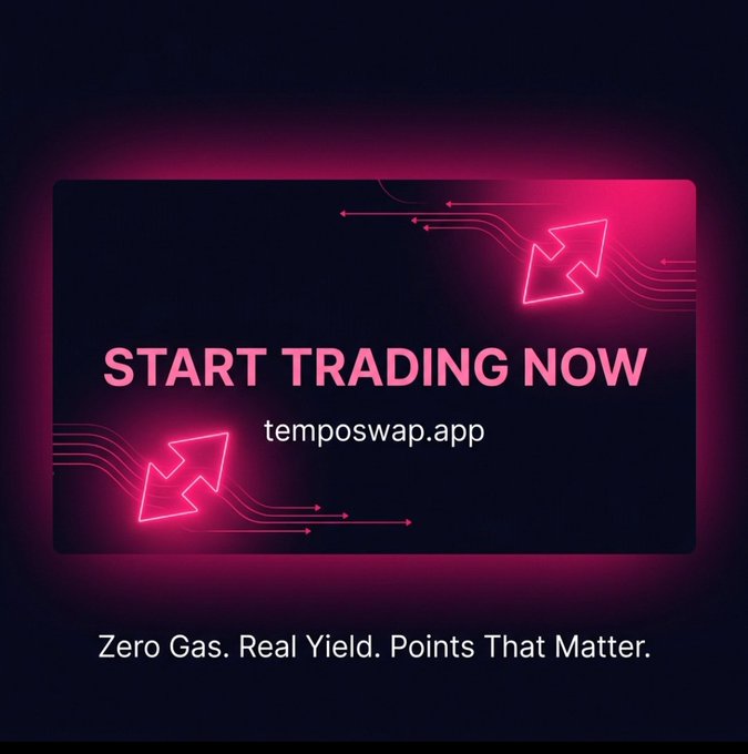 The image features a black background with pink neon lights coming from the top left corner of the frame. The text "Start Trading Now" is displayed at the top center of the image, while another line of text below reads "Zero Gas. Real Yield. Points That Matter". The image also includes an arrow pointing to the right side and a website address in the bottom right corner.