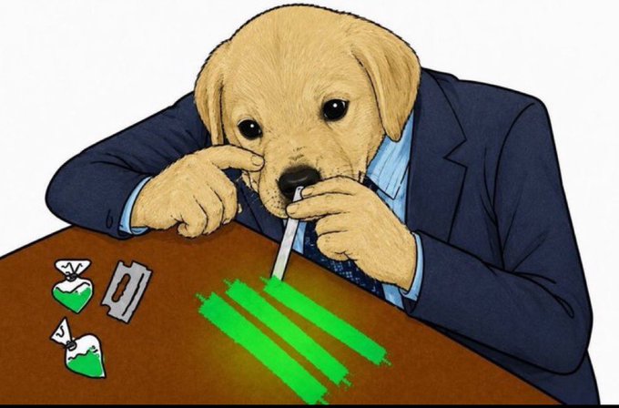 A dog in a business suit is drawing green lines on a table with a blade and examining powder, symbolizing a relentless bullish market rally. The image relates to the post by portraying bullish enthusiasm and conviction, suggesting traders are committed to bidding higher despite any "hate" or skepticism from bears.