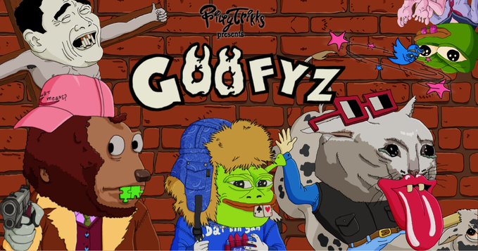 A colorful cartoon poster titled 'GUD FYZ' by Phatfinks, featuring various stylized characters including a bear with a pink cap, a figure with green teeth, a raccoon with a long red tongue, and a screaming face against a brick wall background.