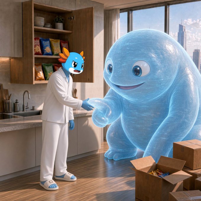 A 3D-rendered scene depicts a blue axolotl character in white clothing shaking hands with a large, translucent blue slime monster in a kitchen setting with boxes on the floor.