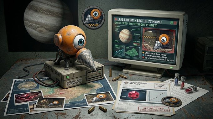 A weathered orange robot with a drill attachment sits on a crate labeled "MINER CARD INTERFACE" beside a retro monitor displaying "LIVE STREAM - SECTOR 77 MINING" and "DATA FEED: [MYSTERIOUS PLANET]," surrounded by scattered mining reports, cassette tapes, and a map marking "MYSTERIOUS ZONE" with a CryptoPunk-style character emblem, visually representing the launch of the memecoin "GLÜCKAUF" with its mining-themed branding and doxxed developer announcement.