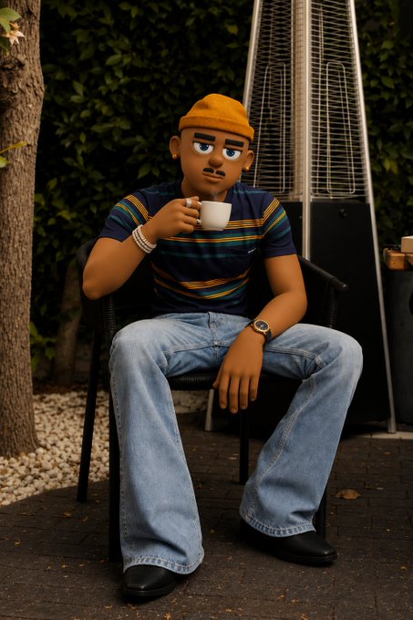 A 3D-rendered character of a man wearing a yellow beanie, striped polo shirt, and blue jeans, sitting in a chair holding a white coffee cup, with a patio heater visible behind him.