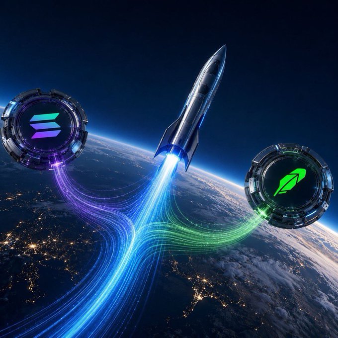 A digital illustration shows a rocket launching into space above Earth, with streams of blue and green light trailing behind it alongside two floating circular icons (Solana logo and a green leaf symbol).