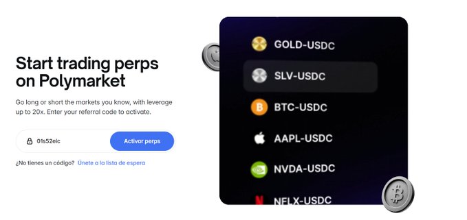A promotional graphic for Polymarket's perpetuals trading feature displays a referral code entry field with the code "01s52eic" alongside a list of available trading pairs including GOLD-USDC, SLV-USDC, BTC-USDC, AAPL-USDC, NVDA-USDC, and NFLX-USDC, supporting the post's offer to share early access codes for perps trading as part of an airdrop positioning strategy.
