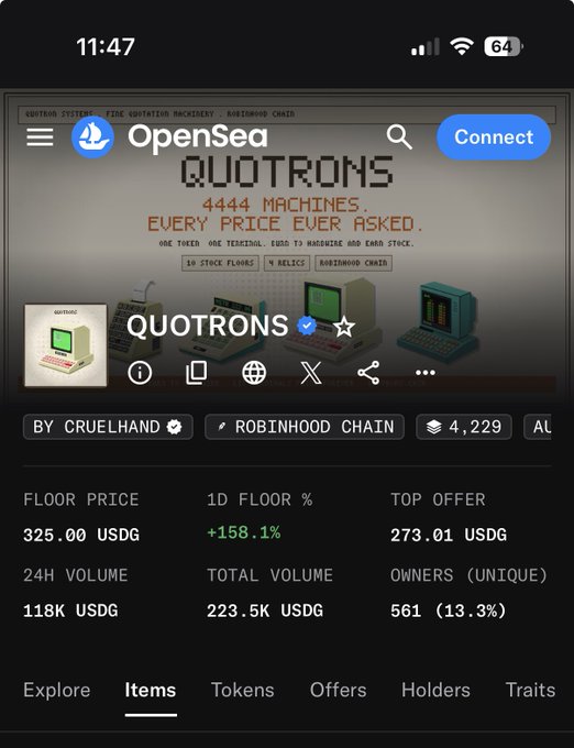 A screenshot of the OpenSea NFT marketplace showing the "QuoTrons" collection on the Robinhood Chain, with a floor price of 325.00 USDG, a 24-hour volume of 118K USDG, and 561 unique owners. The image illustrates the post's cautionary tale about mistakenly buying a honeypot scam version of the collection, highlighting the "two wolves" duality of being both clever and foolish in NFT trading.