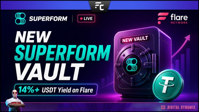 The image is a banner for a cryptocurrency wallet that has been recently launched, and features a person holding up a green coin with the word "Flare" written on it. The text says "NEW SUPERFORM VULTILVMUTT", which refers to this particular cryptocurrency wallet; it's part of a new suite of coins or tokens being introduced for trading purposes. The banner includes an offer that if you purchase Bitcoin at $USDT, you will receive 14% yield on USDT.