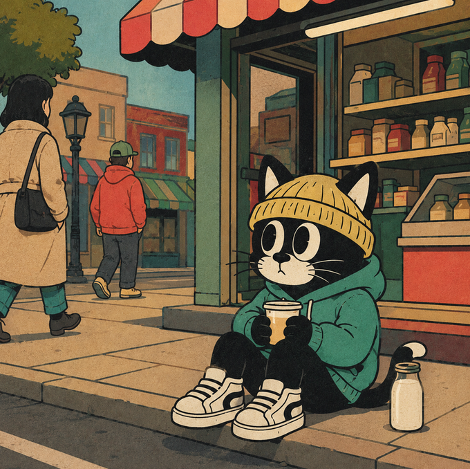An anime-style illustration depicts a black cat wearing a yellow beanie, teal hoodie, and sneakers, sitting on a city sidewalk holding a drink next to a small bottle.