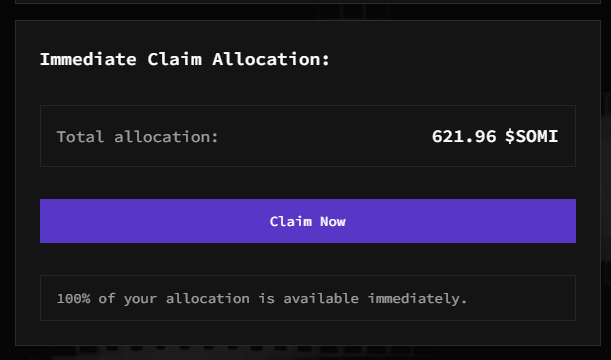 A dark-themed interface shows an "Immediate Claim Allocation" panel displaying a total allocation of 621.96 $SOMI, with a purple "Claim Now" button and a note that 100% of the allocation is available immediately. The image visualizes the modest $SOMI airdrop claim mentioned in the post, illustrating the small reward (roughly 1 million rupiah) that the author playfully highlights as feeling significant "in this economy."