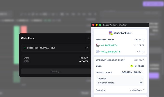 The image shows a Rabby Wallet Notification claiming 0.100759 WETH ($277.09) in fees from "bank.bot" with the operation labeled "collectFees" on the Robinhood chain, illustrating the post's claim of profiting by rugging bots.