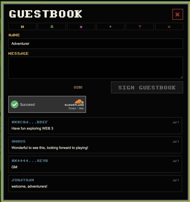 A pixel-art style 'GUESTBOOK' interface where users can sign with a name and message; recent entries include 'Have fun exploring WEB 3', 'Wonderful to see this, looking forward to playing!', 'GM', and 'welcome, adventurers!' from various users.