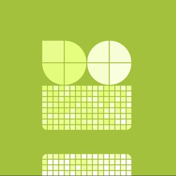 A green abstract graphic design featuring geometric shapes including two quarter-circle and half-circle forms above rectangular grid patterns in light yellow and white.