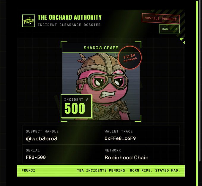 A dark-themed 'Incident Clearance Dossier' from 'The Orchard Authority' featuring a pink cartoon character called 'Shadow Grape' marked as 'FILED ORCHARD', with suspect handle @web3bro3 and wallet trace on Robinhood Chain.