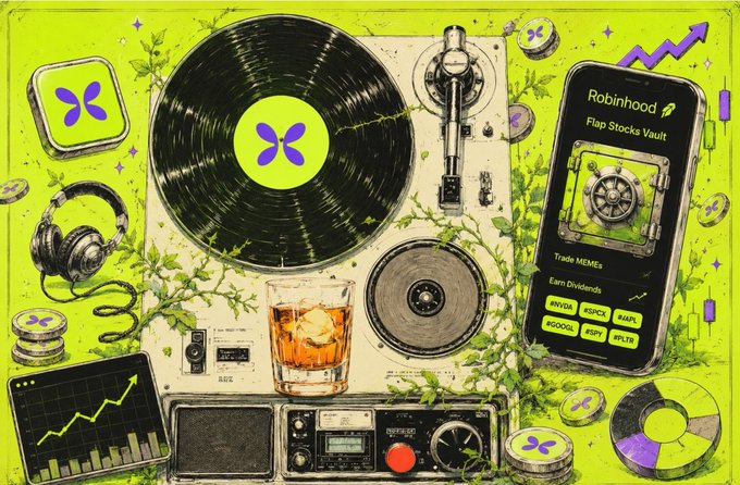 Promotional artwork for 'Robinhood Flap Stocks Vault' featuring a vinyl record, headphones, a glass with ice, a boombox, and a smartphone displaying tokens like $WUSA, $GPCX, $AAPL, $GOOGL, $SPY, and $PLTR.