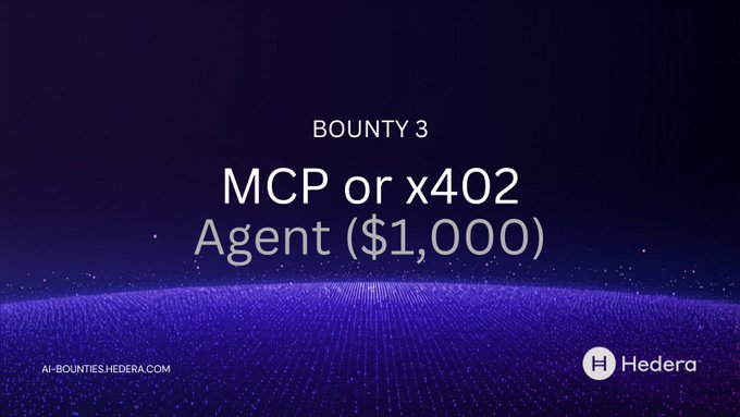 The image shows a screenshot of an advertisement for the hashtag #bounty3. It appears to be a post or webpage, possibly promoting something related to bounty campaigns or agents. In the lower portion of the screen, there's text on it that reads "Building a @hedera commerce agent (MCP or x402) Agent ($1,000)". The image has been described as having a purple and blue color scheme, with an abstract pattern in the background.