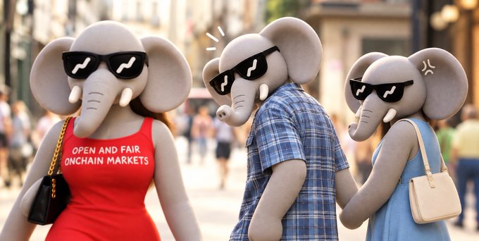 Three anthropomorphic elephant figures wearing sunglasses standing in a street scene, with one wearing a red shirt reading 'OPEN AND FAIR ONCHAIN MARKETS'.