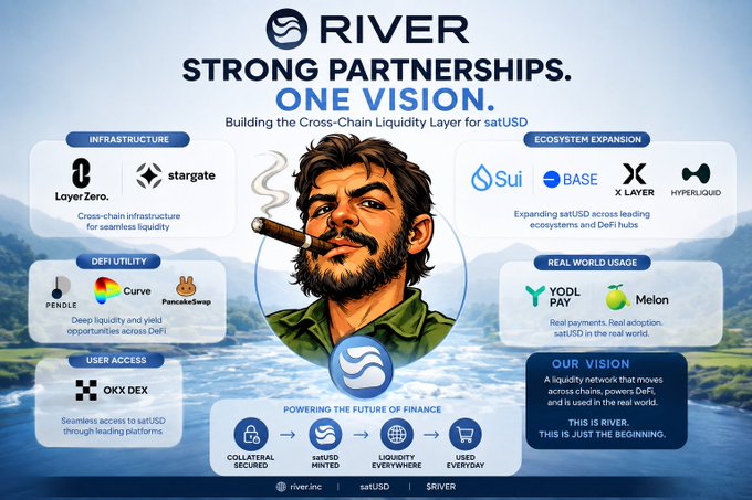 This promotional graphic for River (satUSD/RIVER) showcases its "Strong Partnerships, One Vision" strategy, featuring an illustration of a bearded man smoking a cigar alongside partner logos organized into categories: Infrastructure (LayerZero, Stargate), Ecosystem Expansion (Sui, BASE, X Layer, Hyperliquid), DeFi Utility (Pendle, Curve, PancakeSwap), Real World Usage (Yodl Pay, Melon), and User Access (OKX DEX), with the mission statement "Building the Cross-Chain Liquidity Layer for satUSD." The image directly illustrates the post's emphasis on River's broader strategic vision beyond just the $RIVER token—highlighting how each partnership (collateral, liquidity, payments, user access) contributes to a cohesive cross-chain liquidity network described as "Powering the Future of Finance."