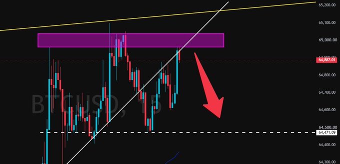A BTCUSD candlestick chart shows price approaching the 64,800–65,000 resistance zone (highlighted in purple), with a large red arrow pointing downward toward the 64,471.09 support level, indicating an anticipated short-term top and shorting opportunity. The yellow ascending trendline and diagonal support line reinforce the trader's plan to short at resistance and look for a long setup if the structure breaks.