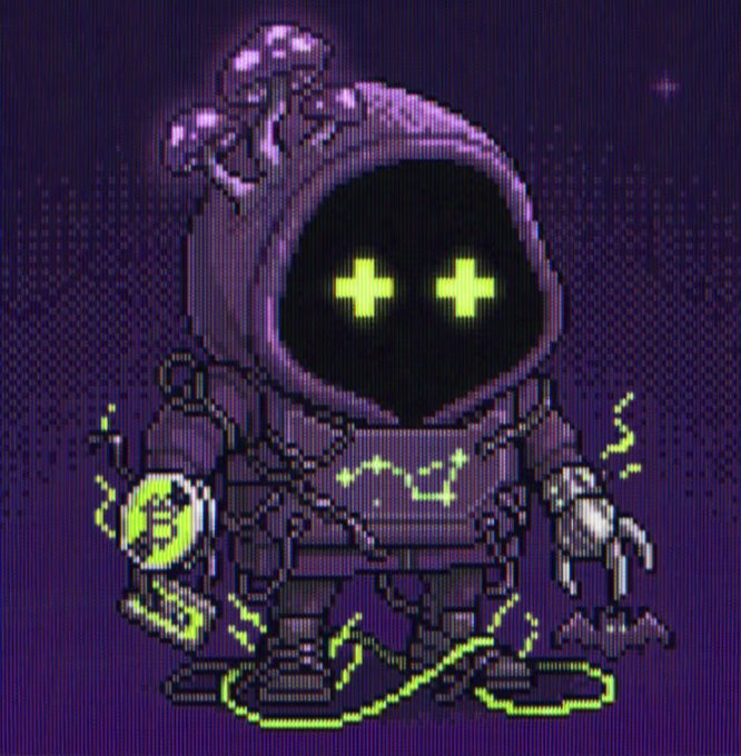Pixel art of a purple hooded grim reaper character with glowing green cross-shaped eyes, holding a green orb with an 'S' symbol on it against a dark purple background.