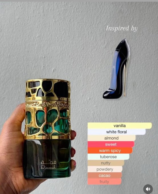 A hand holding an ornate green and gold "Qimmah" perfume bottle, with an "Inspired by" graphic of a high heel and scent notes listed (vanilla, white floral, almond, sweet, warm spicy, tuberose, nutty, powdery, cacao, fruity).