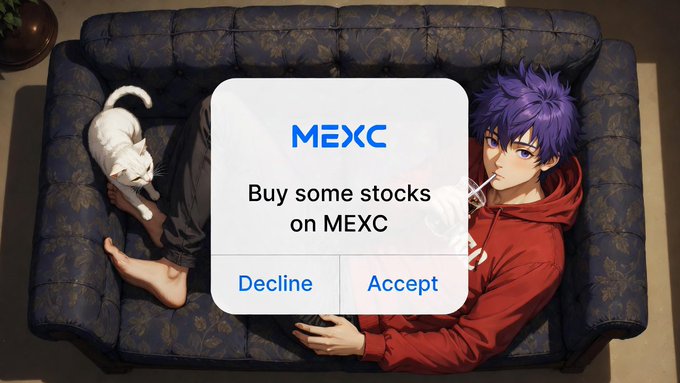 A promotional graphic featuring an anime-style character with purple hair lounging on a couch with a white cat, displaying a pop-up that reads 'MEXC - Buy some stocks on MEXC' with Decline/Accept buttons.