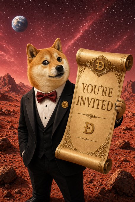 AI-generated image of a Shiba Inu dog dressed in a black tuxedo with a red bow tie, holding a large scroll that reads 'YOU'RE INVITED' against a Mars-like red landscape with Earth in the sky.