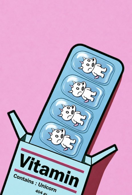 An illustrated box labeled 'Vitamin Contains: Unicorn' is open, revealing a blister pack of four small white unicorn pills against a pink background.