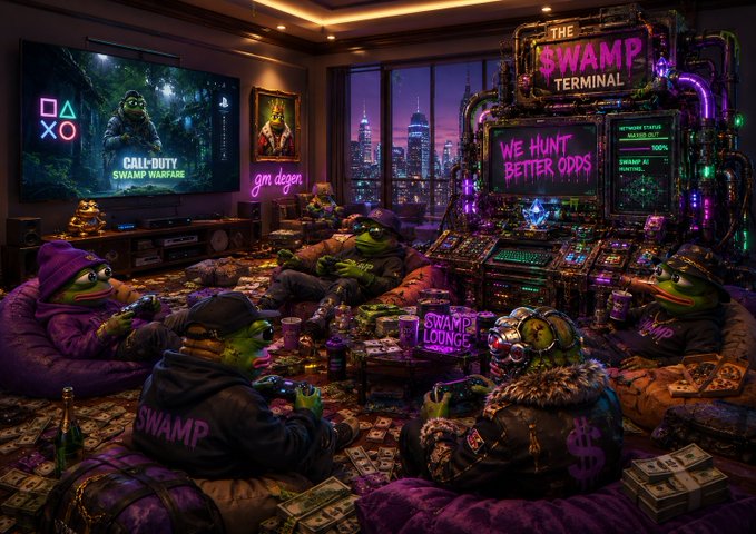 The image shows a group of people sitting around playing video games, with a TV screen displaying a game called "The Swamp Terminal" that has a neon sign above it. The room appears to be dimly lit, creating an atmosphere suitable for gaming sessions. There are several people in the scene, some sitting on bean bag chairs and others standing or sitting on the floor. A few of them have their eyes closed while playing the game, indicating they are fully engaged in the experience.