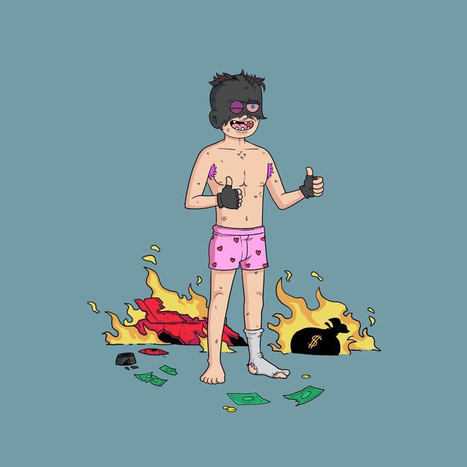 A cartoon character wearing a black mask and pink heart-patterned underwear, standing among burning money and bags of cash, giving thumbs up while surrounded by flames on a gray background.