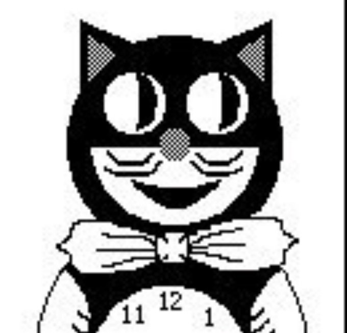 A pixelated black cat with large round eyes smiles broadly while holding its paws together, positioned above a clock face displaying the numbers 11, 12, and 1. The image relates to the post as a playful mascot illustration, likely symbolizing the "Goat" reference in the meme about truth terminal's origins.