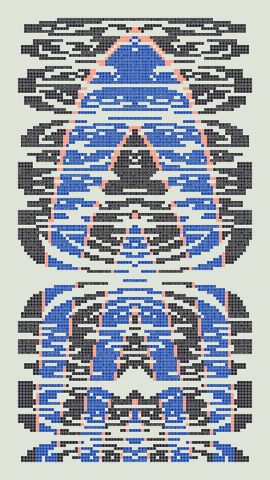 A vertical pattern of blue, black, and pink text/characters arranged in a symmetric, mosaic-like design on a light background.