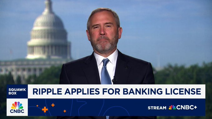 A CNBC "Squawk Box" segment featuring Ripple CEO Brad Garlinghouse, with the chyron reading "RIPPLE APPLIES FOR BANKING LICENSE" and the U.S. Capitol in the background. The image relates to the post showing Garlinghouse during his CNBC interview where he criticized Strategy and Michael Saylor's Bitcoin acquisition approach.