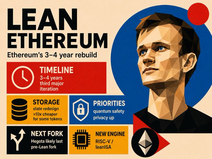 A stylized infographic titled "LEAN ETHEREUM" details a "3-4 year rebuild" initiative, featuring a geometric portrait of Vitalik Buterin alongside an Ethereum logo. The graphic highlights key project pillars including Timeline (3-4 years, third major iteration), Storage (>10x cheaper for some tokens via state redesign), Priorities (quantum safety), Next Fork (Hegota as last pre-Lean fork), and New Engine (RISC-V/leanISA), visually reinforcing Buterin's announcement of a sweeping protocol overhaul.