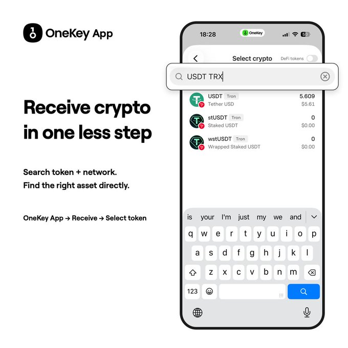A promotional screenshot for the OneKey App shows a smartphone displaying a 'Select crypto' screen with search results for 'USDT TRX,' alongside text reading 'Receive crypto in one less step' and 'Search token + network. Find the right asset directly.'